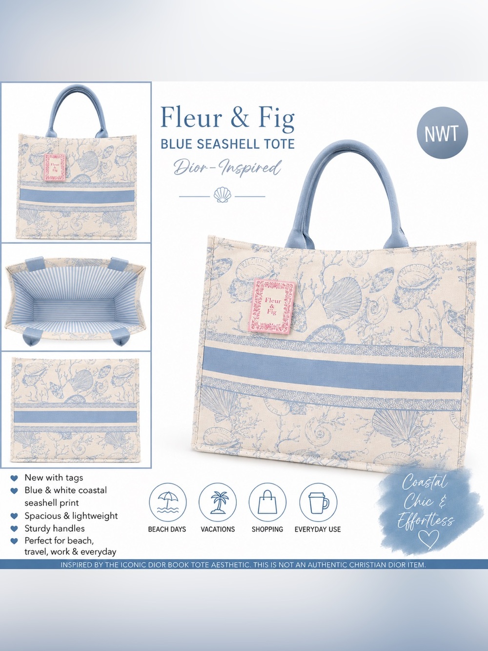 Light Blue Shell-Print Tote Bag with Top Handles
